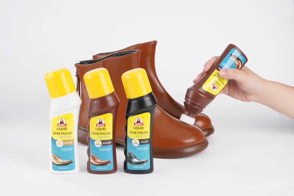 handy shoe liquids in white, brown, and black