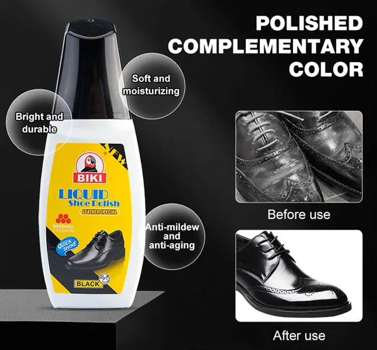 BIKI liquid shoe polish gives leather keeps leather shoes clean and shiny while extending their lifespan.