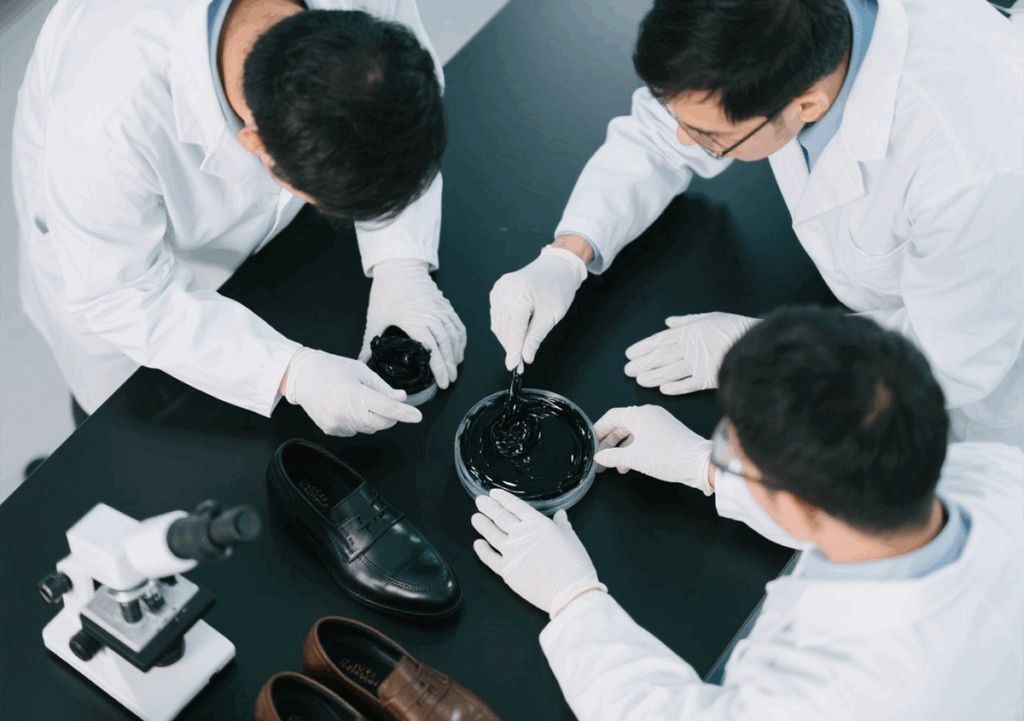 Biki Research Team Developing Leather Shoe Polish in Laboratory with Black and Brown Leather Shoes