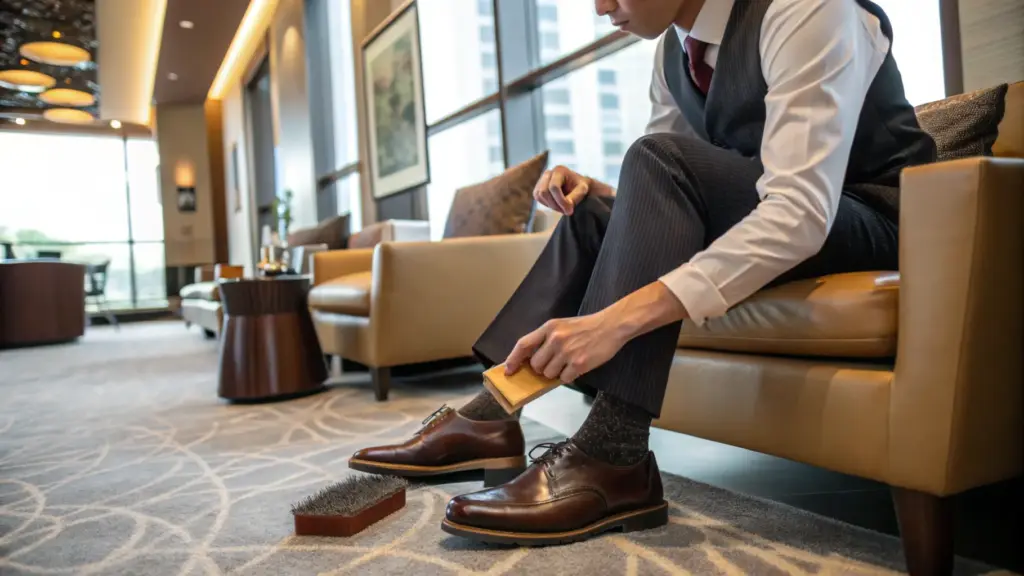 a-person-in-business-attire-elegantly-polishing-their-shoes-with-a-shoe-sponge