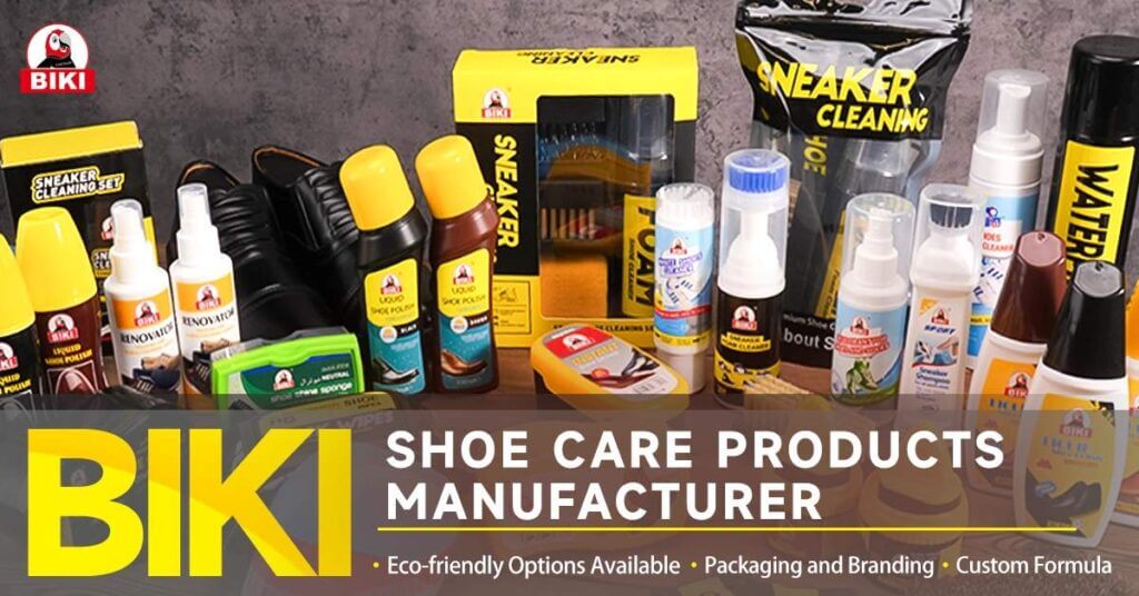 A collection of Biki wholesale shoe care products including polish, brushes, and sneaker cleaner