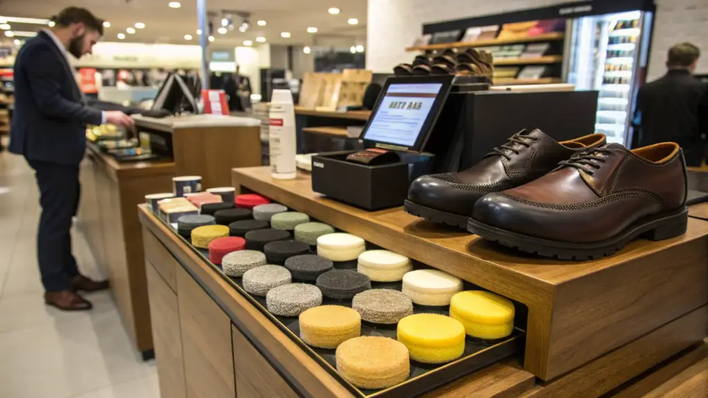 shoe shine sponge displayed in the shoe section of the store