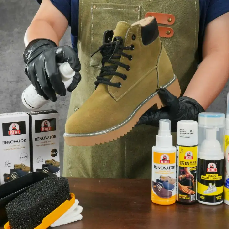 Suede - Nubuck Shoe Care Kit Application on Brown Boots