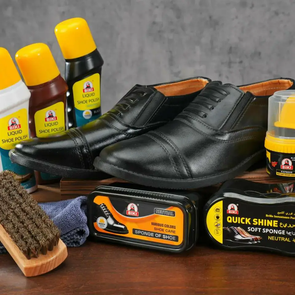 Leather Shoe Care Products Display with Black Dress Shoes