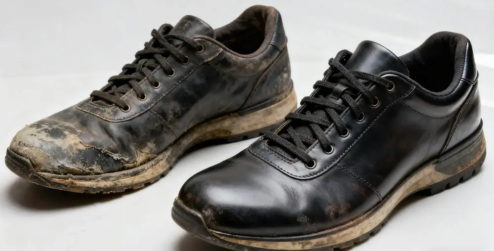 A before-and-after photo showing a scuffed shoe restored using the "One Shade Darker" method.