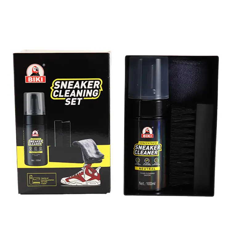 Biki Sneaker Cleaning Set Box & Opened Contents (Cleaner, Brush, Cloth)