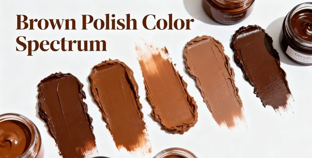a shot showing dabs of each brown polish on a white background with the product jars next to them