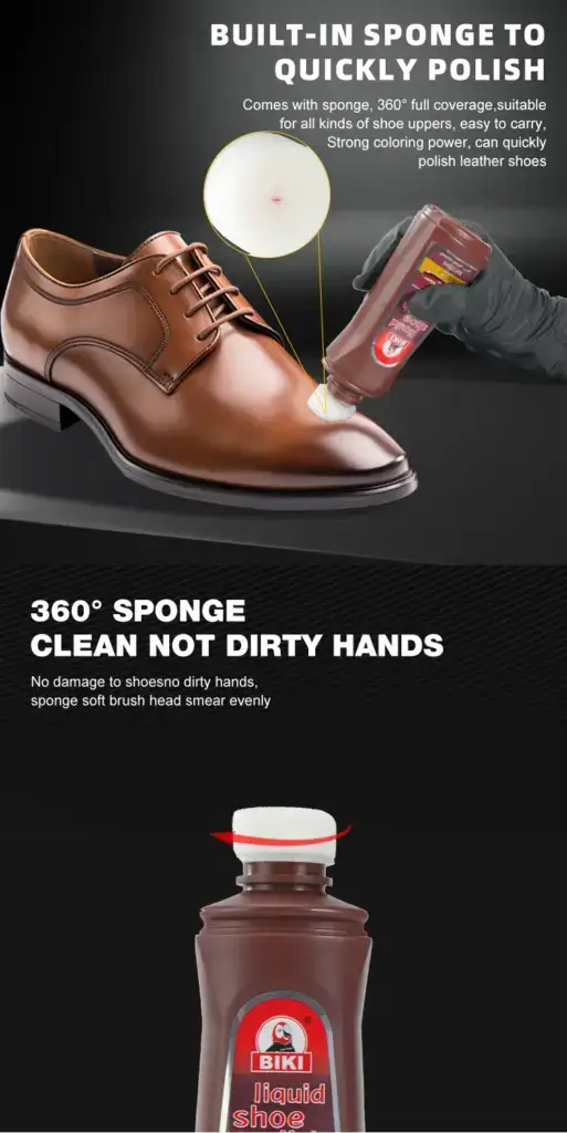 Biki Liquid Shoe Polish with Built-in Sponge – 360° Quick Polishing, Clean Hands