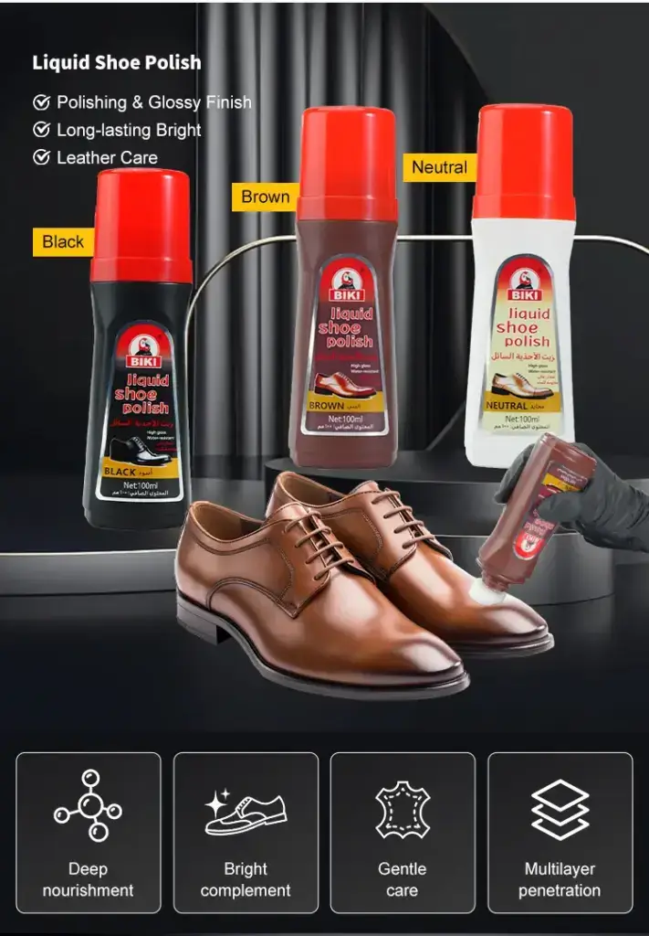 Biki Liquid Shoe Polish Variants – Black, Brown, Neutral with Polishing & Leather Care Features