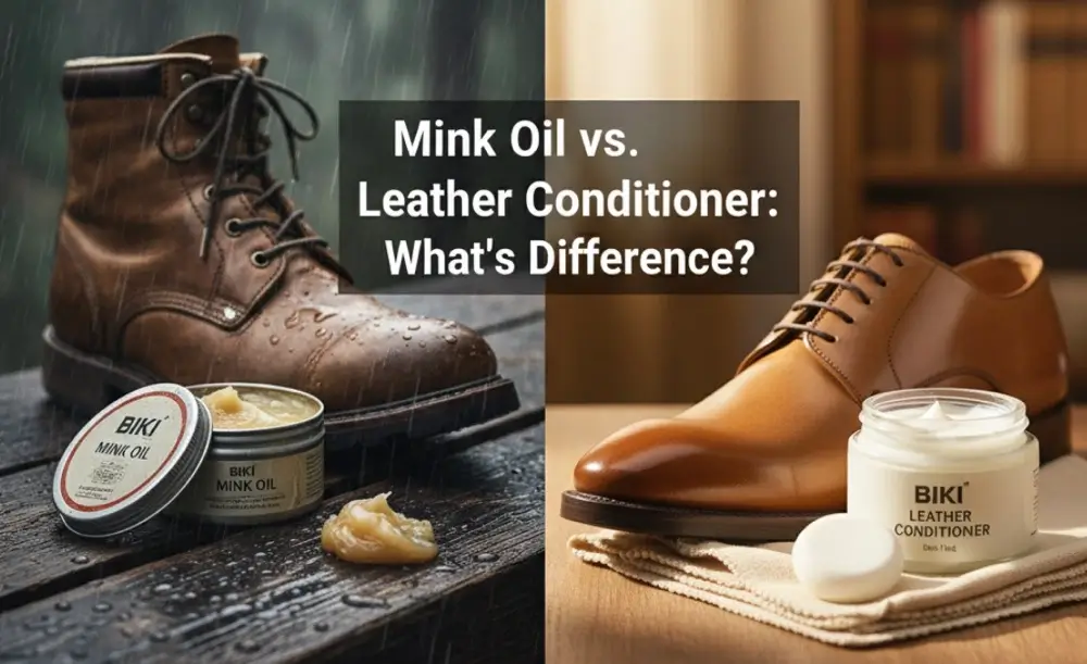 Split image: Left shows work boot with mink oil in rain. Right shows dress shoe with leather conditioner indoors.
