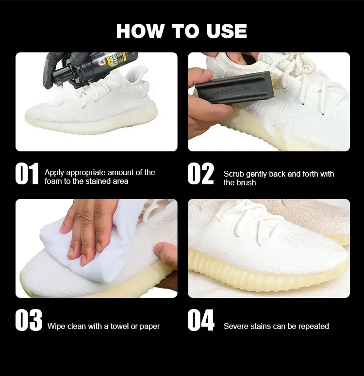 Biki Sneaker Cleaner How to Use – 4 Steps: Apply Foam, Scrub with Brush, Wipe Clean, Repeat for Severe Stains