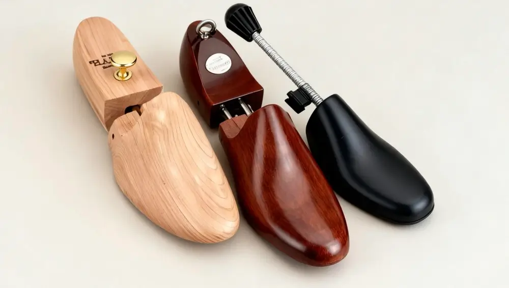 The image features different shoe trees, including a pair of classic cedar split-toe shoe trees, varnished hardwood shoe trees, and plastic travel shoe trees.