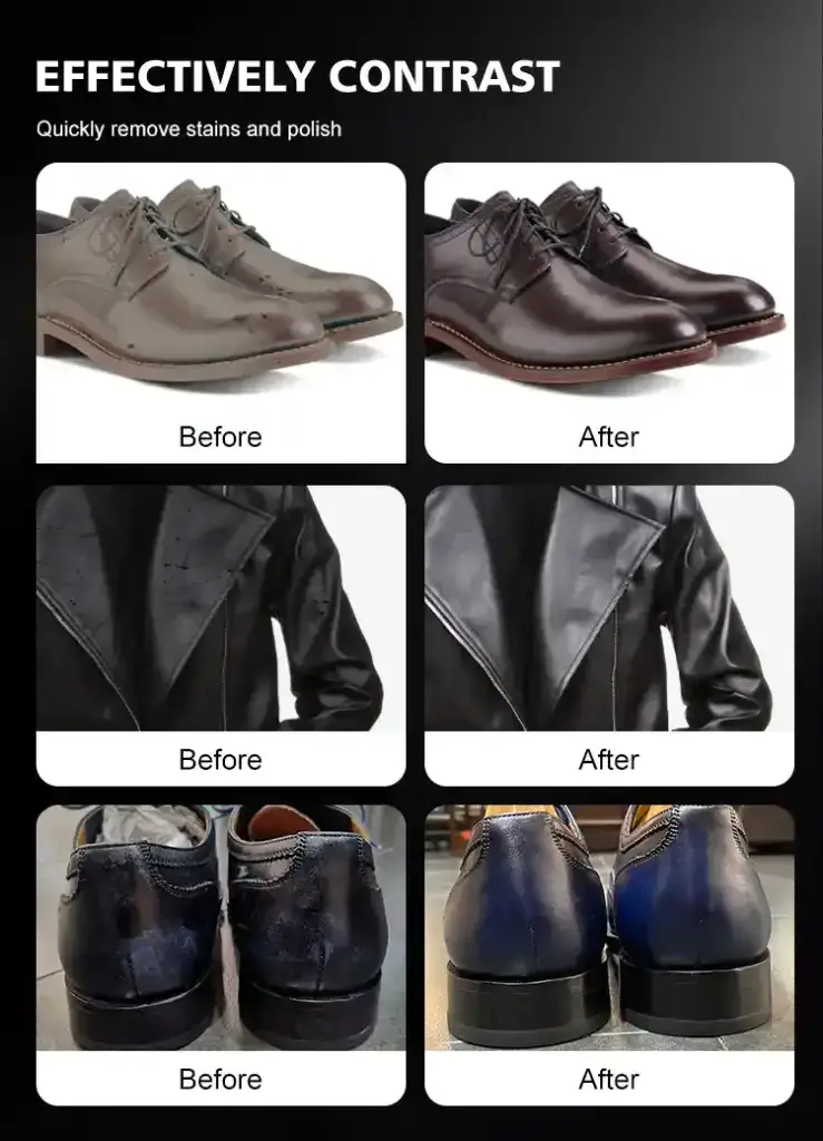 Biki Shoe Shine Sponge Effectively Contrast – Before & After Stain Removal on Leather Shoes & Clothing