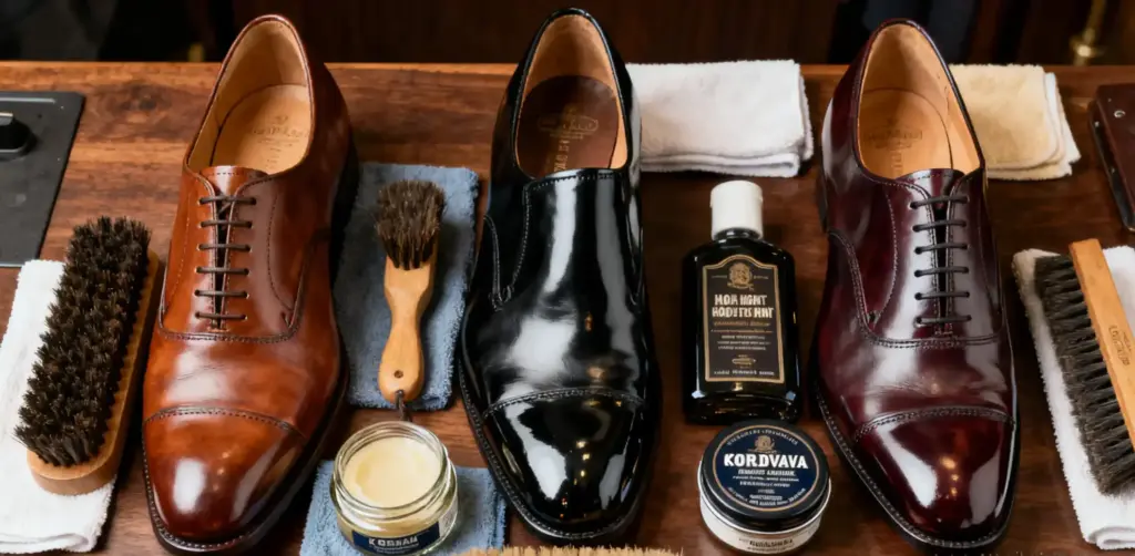 Flat lay of luxury dress shoes (brown calfskin oxford, black patent loafer, cordovan derby) with matching polishes, horsehair brush, and cloth on dark wood.