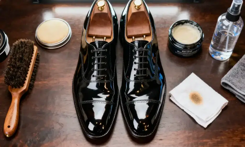 Flat lay of mirror-shine black oxford shoes on shoe trees, surrounded by horsehair brush, polish, spray bottle, and cloths on dark wood.