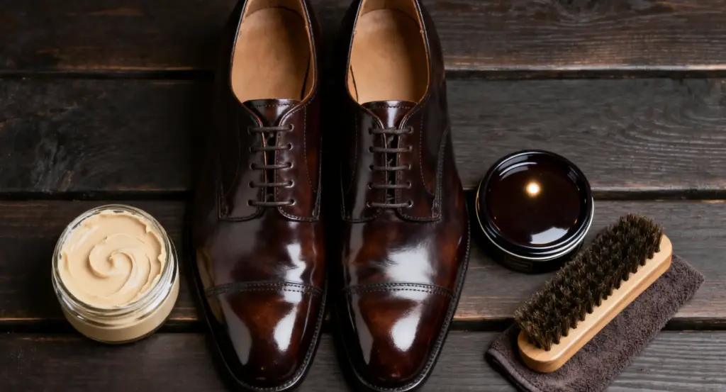 Professional Shoe Care Setup: Polished Brown Oxfords, Cream, Wax, Brush & Cloth