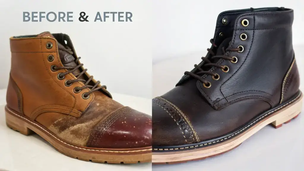A "Before & After" photo showing a boot half-treated with mink oil, clearly displaying the darkening effect next to the untreated half
