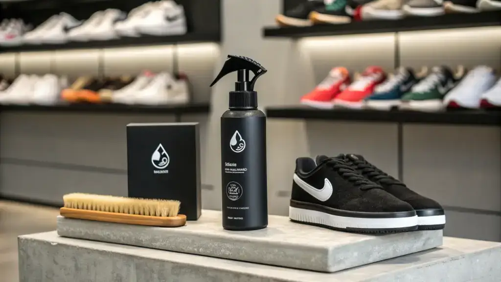 a beautifully designed matte black spray bottle, a matching foam cleaner, and a premium wooden brush, all featuring a sleek