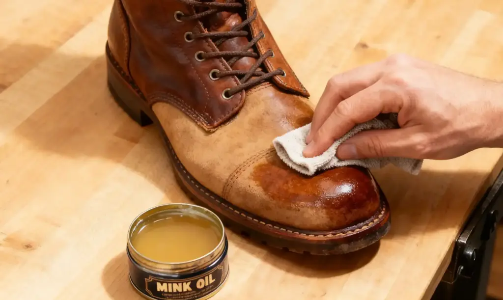 A rugged brown leather work boot is half-treated with mink oil, clearly showing the darker, conditioned side versus the lighter, untreated side. A hand is holding a cloth, in the middle of applying the oil from a vintage-style open tin.