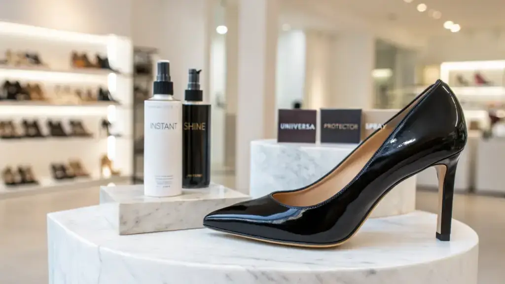 An elegant women black pump on a retail display next to shoe shine and protector spray products.