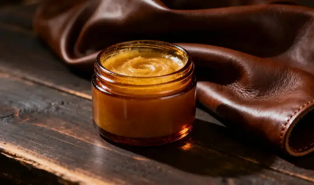 Amber glass jar of golden leather conditioner with supple dark brown leather on rustic dark wood, shallow depth of field.