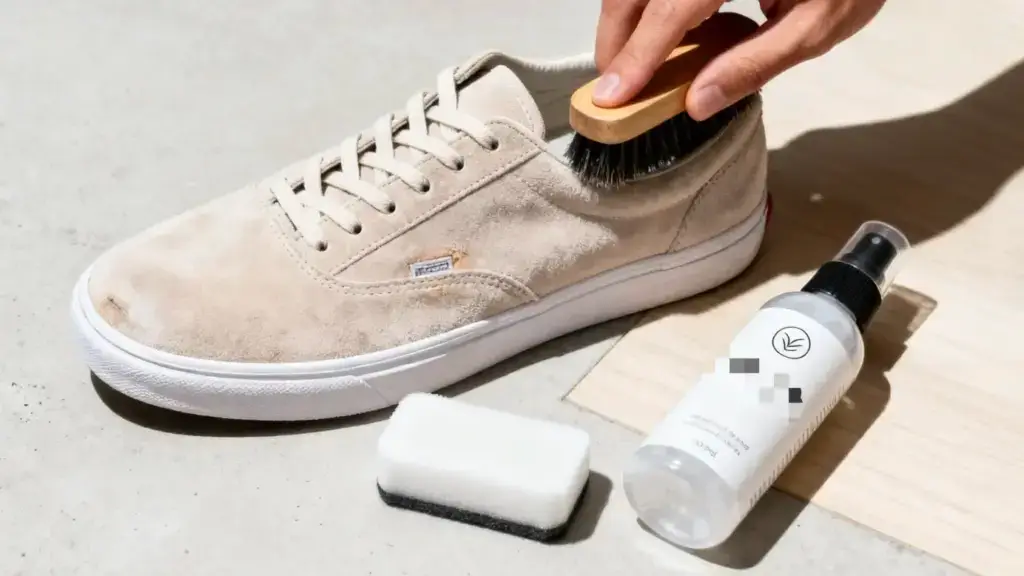 a light-beige suede sneaker with a subtle scuff mark, a hand holding a suede cleaning brush above the scuff, a white suede eraser, and a bottle of specialized foaming suede cleaner.