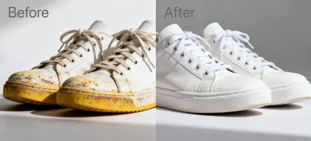 Before-and-after comparison of white sneakers, showing yellowed and dirty soles transformed to clean white.