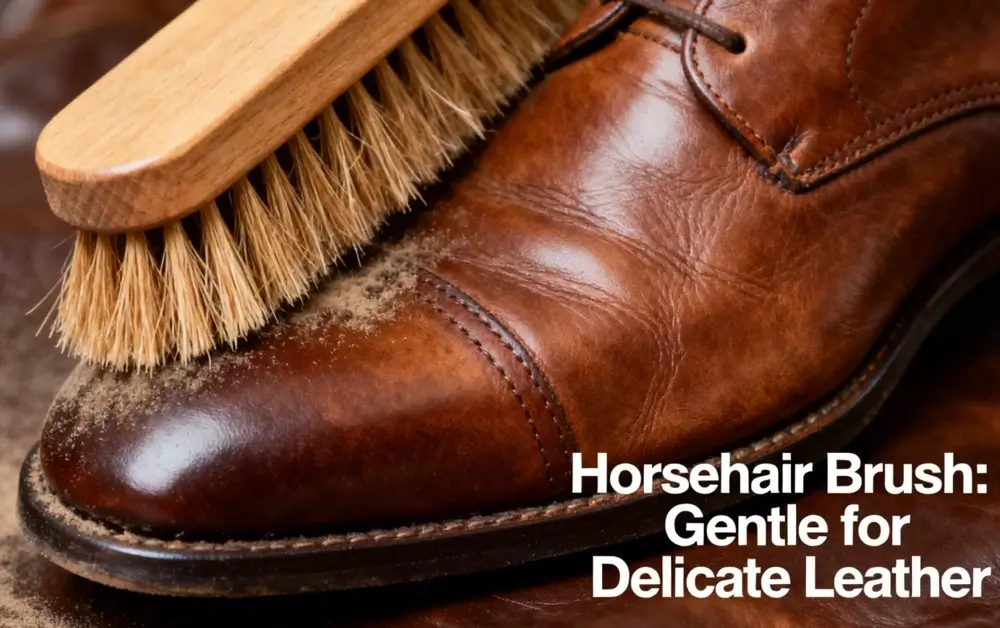 Horsehair brush cleaning a brown leather shoe, gentle for delicate leather.