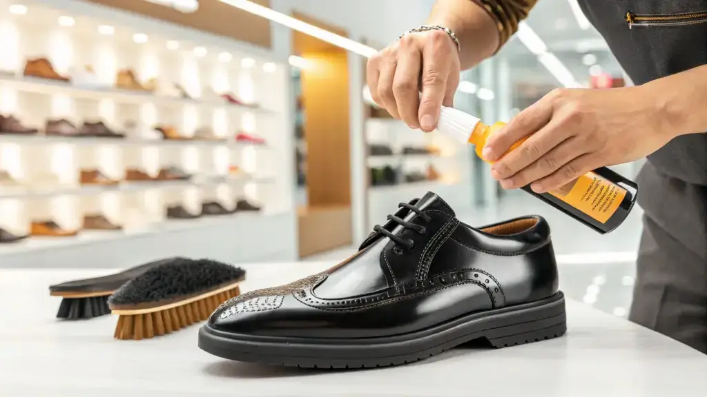 Fast fashion shoe store employee uses liquid shoe polish to care for black leather shoes
