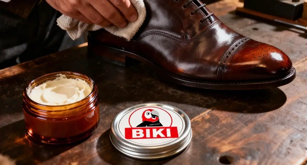 Artisan buffing a brown leather Oxford shoe; BIKI logo on wax tin next to cream polish jar