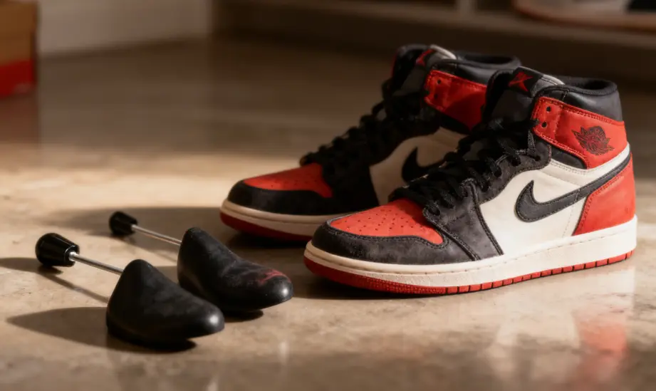 A pair of Air Jordan 1 sneakers with black shoe trees displayed separately on a polished concrete surface, highlighting sneaker care and preservation.
