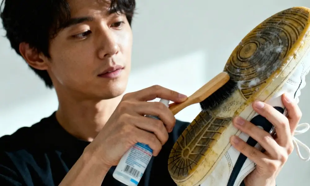 A man is cleaning the yellowed soles of his white sneakers.