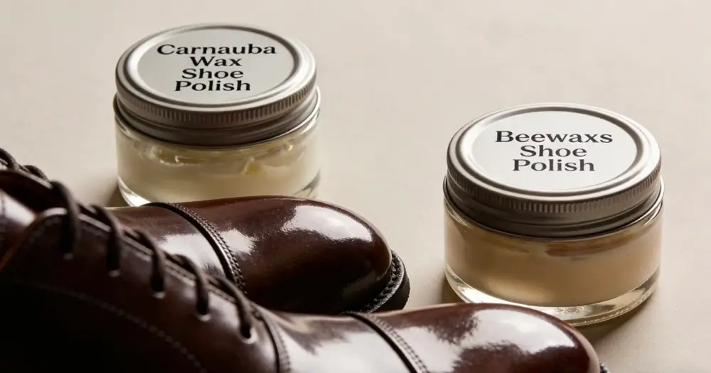 Two jars (labeled "Carnauba Wax Shoe Polish" and "Beewaxs Shoe Polish") of smooth shoe polish, paired with a dark brown Oxford shoe featuring a glossy, mirror-shine toe cap.