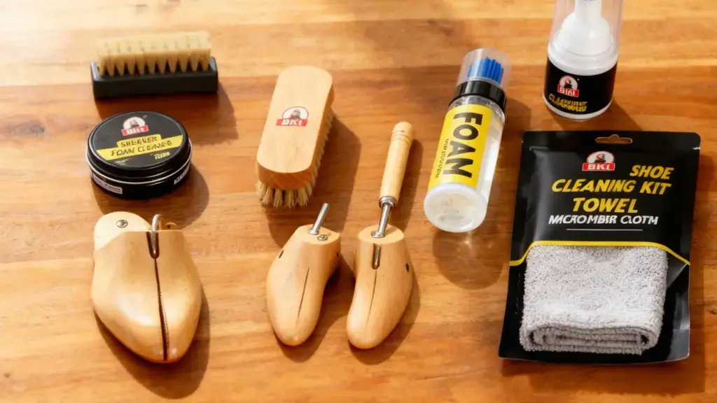 Organized BIKI Sneaker Cleaning Supplies - Brush Foam Cleaner Shoe Tree on Wood Desk