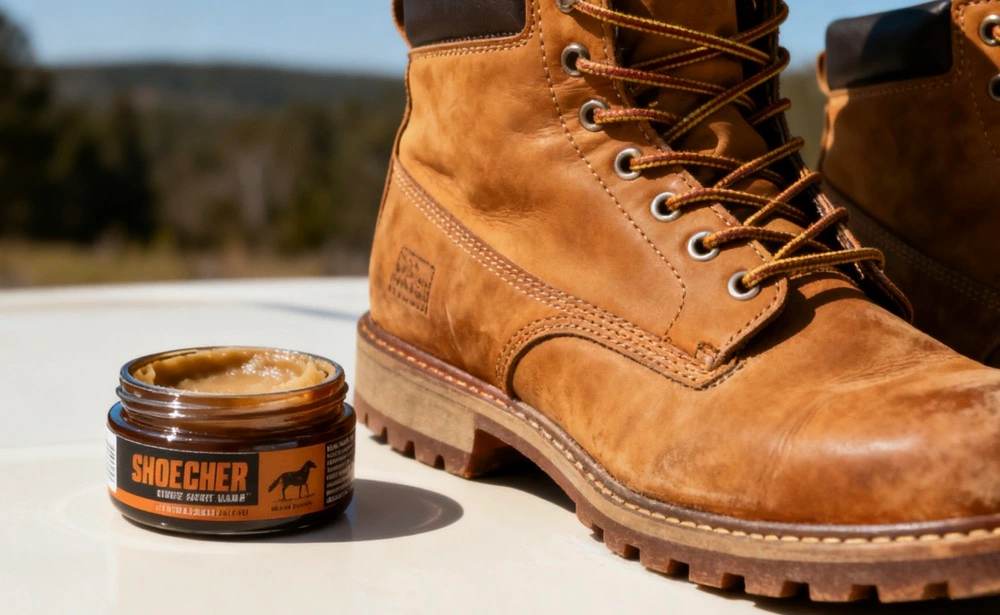 A tan work boot next to an open jar of matching brown shoe wax on a clean surface, with a blurred outdoor background.