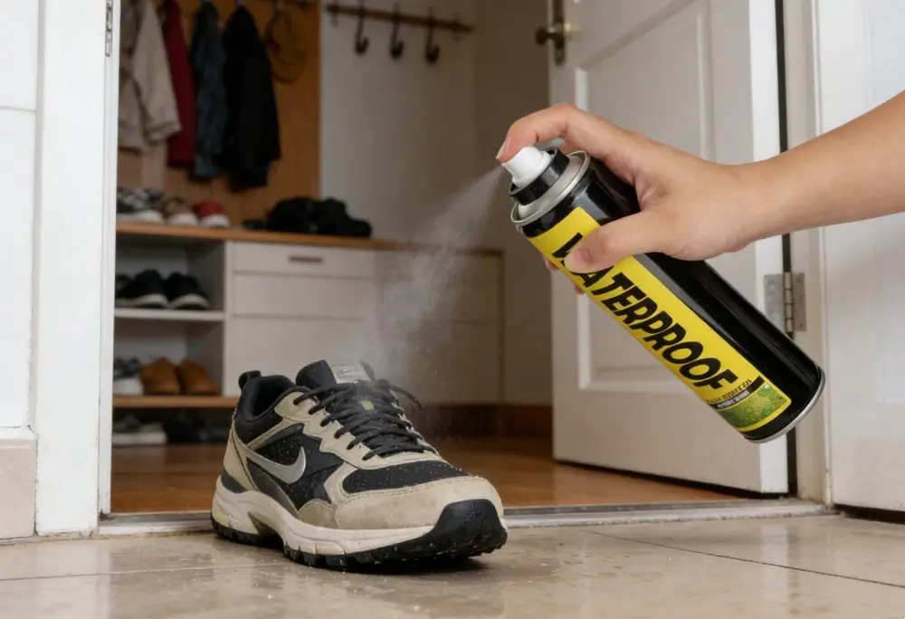 Using waterproof spray to protect sneakers from water damage in a daily life setting