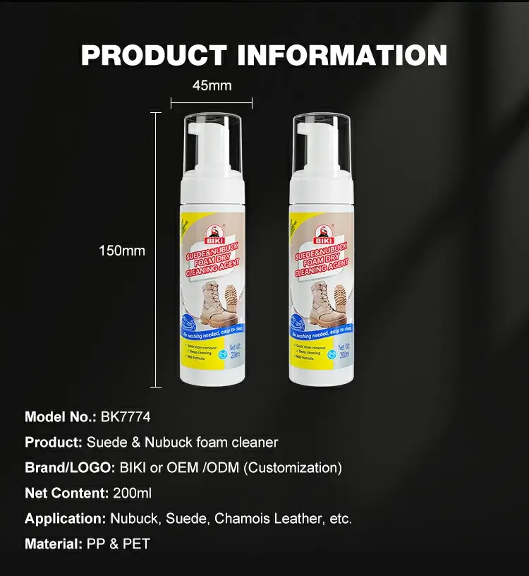 Biki Suede & Nubuck Foam Cleaner Product Specs – Model BK7774, 200ml, Customizable