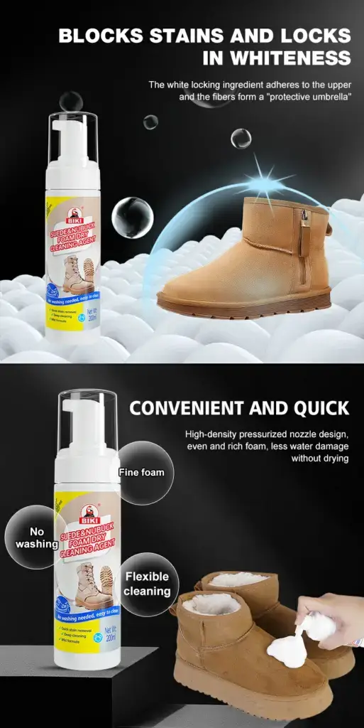 Biki Suede Foam Cleaner – Blocks Stains, Locks in Whiteness, No-Wash Quick Cleaning