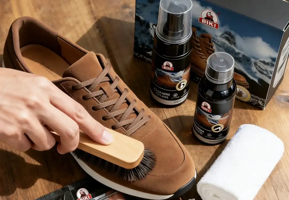 Cleaning a suede sneaker with a brush and shoe care products