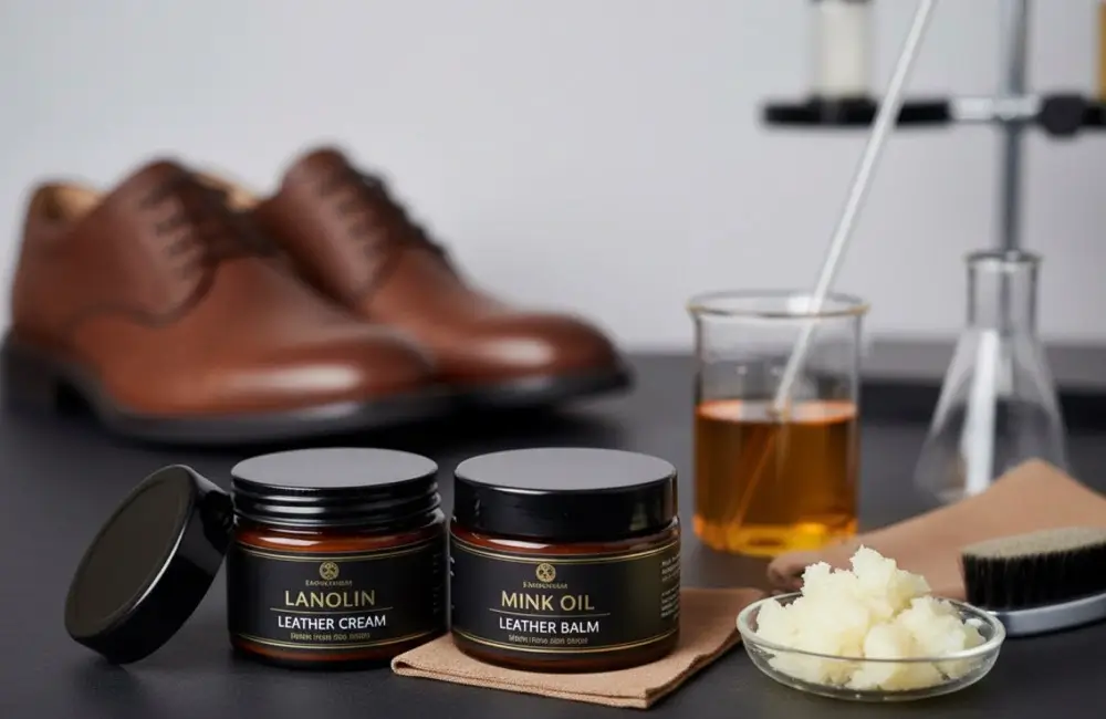 Two jars of leather cream, labeled "Lanolin Leather Cream" and "Mink Oil Leather Balm", with a shoe brush and raw lanolin. In the background, there's a pair of brown dress shoes and lab equipment.