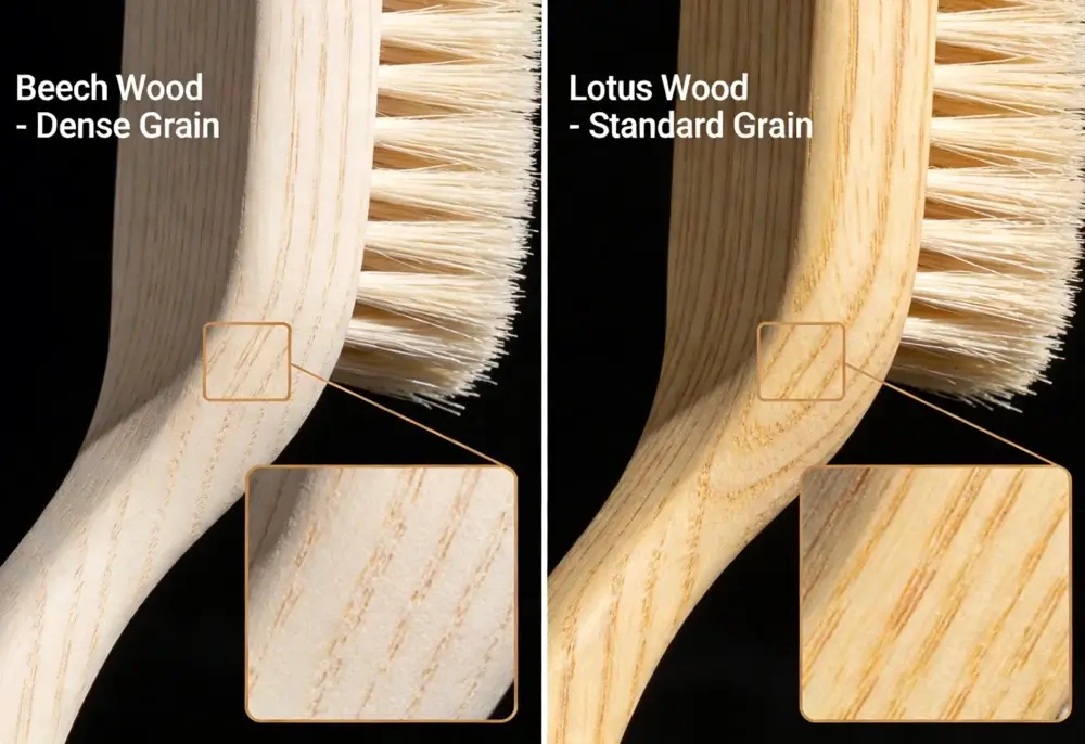 Visual comparison between Beech wood vs Lotus wood shoe brush handles for bulk sourcing