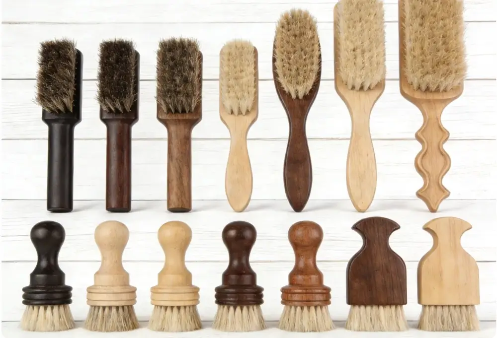 Premium wholesale horsehair shoe brushes manufacturing assortment including beech and lotus wood handles