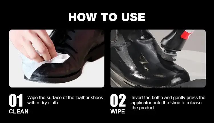 Easy 2-step application tutorial on wiping shoes and squeezing out BIKI BK8830 liquid shoe polish via the attached sponge.