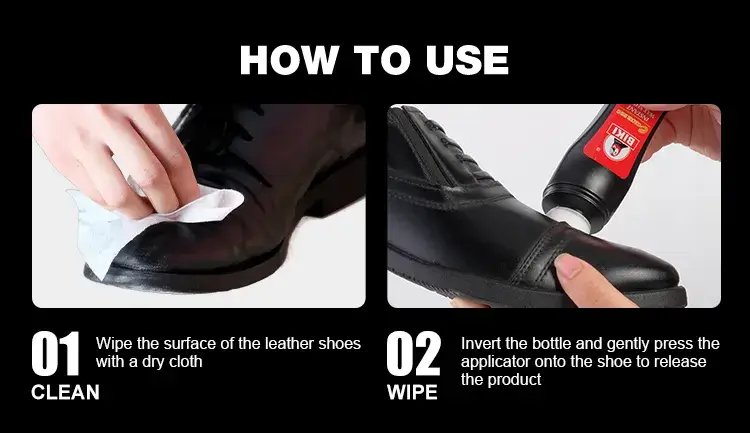 Simple 2-step user guide showing how to wipe footwear clean and apply BIKI BK8838 liquid shoe polish via the sponge tip.