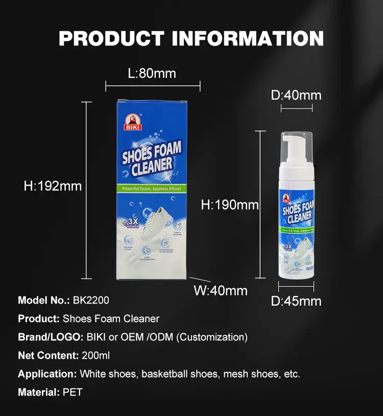 Wholesale dimensions and bulk ordering info for the 200ml BIKI BK2200 sneaker cleaning kit measuring 150mm by 45mm.