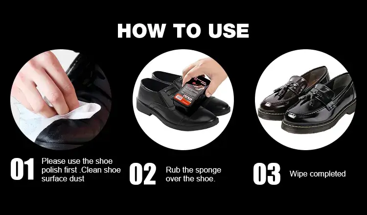 Easy 3-step tutorial on wiping, uncapping, and applying BIKI BK6650B shoe shine sponge on smooth leather surfaces.