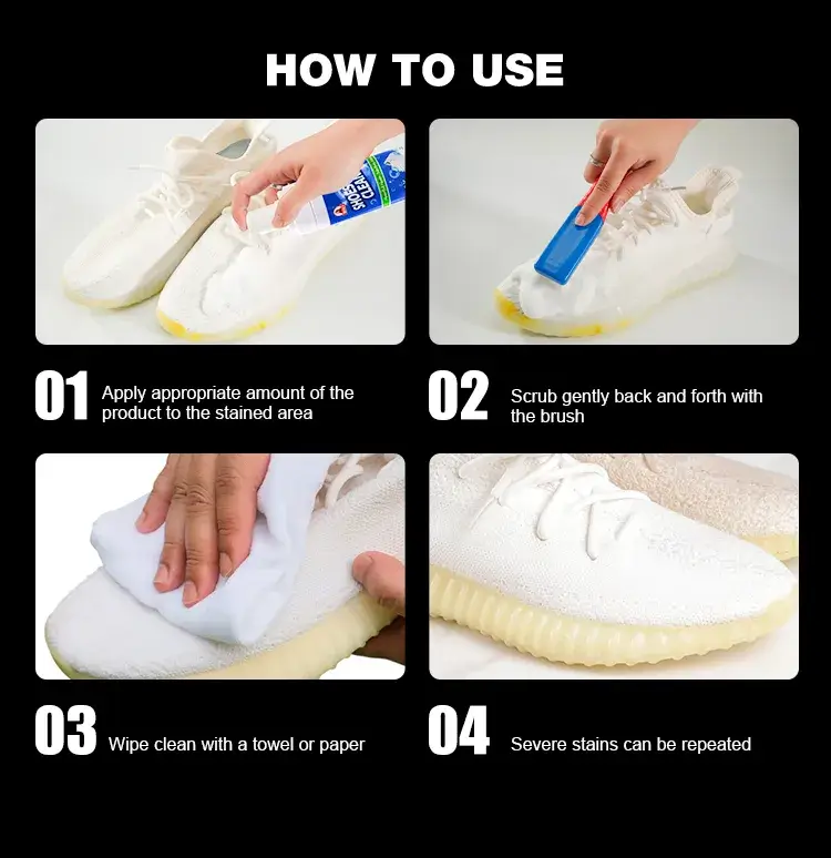 Step-by-step tutorial on how to shake, pump foam, scrub, and wipe sneakers clean with BIKI BK2200 maintenance kit.