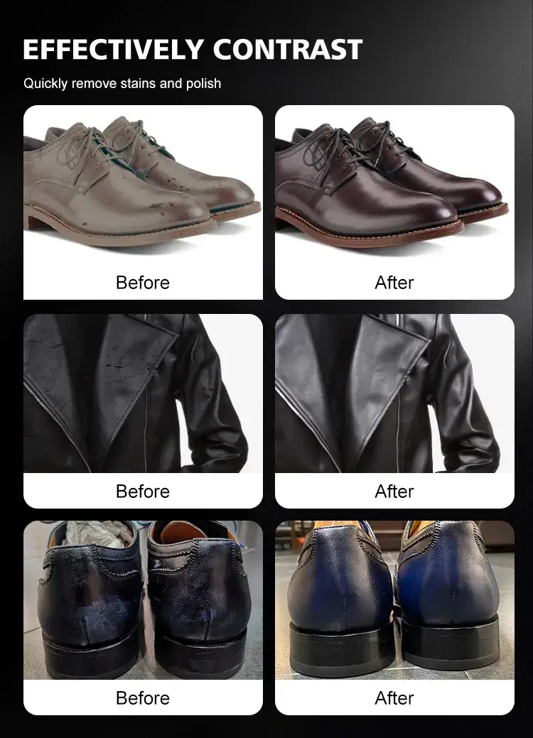 Before and after leather renewal comparison showcasing the quick dirt cleaning and polishing power of BK6650B shoe shine sponge.