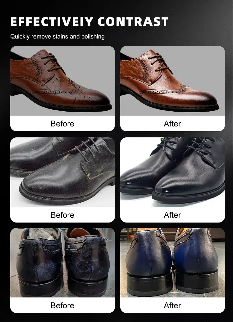 Before and after shoe polishing comparison showcasing the rapid stain removal and gloss renewal effects of BK8830 liquid shoe polish.