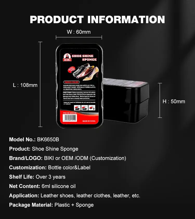 Bulk production specifications and 108mm by 60mm dimensions for BIKI BK6650B shoe shine sponge containing 6ml silicone oil.